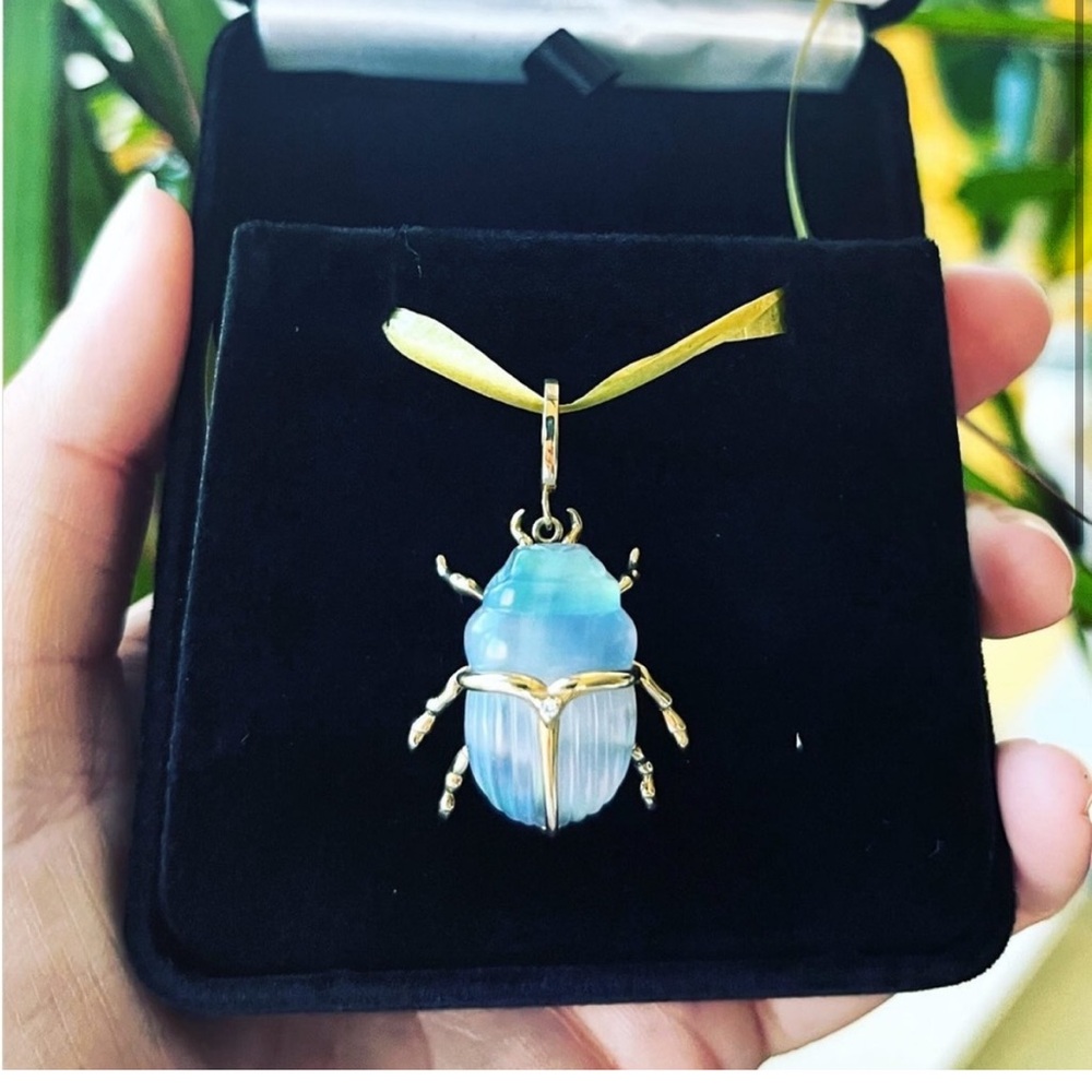 Elegant Gold and Blue Beetle Pendant Necklace